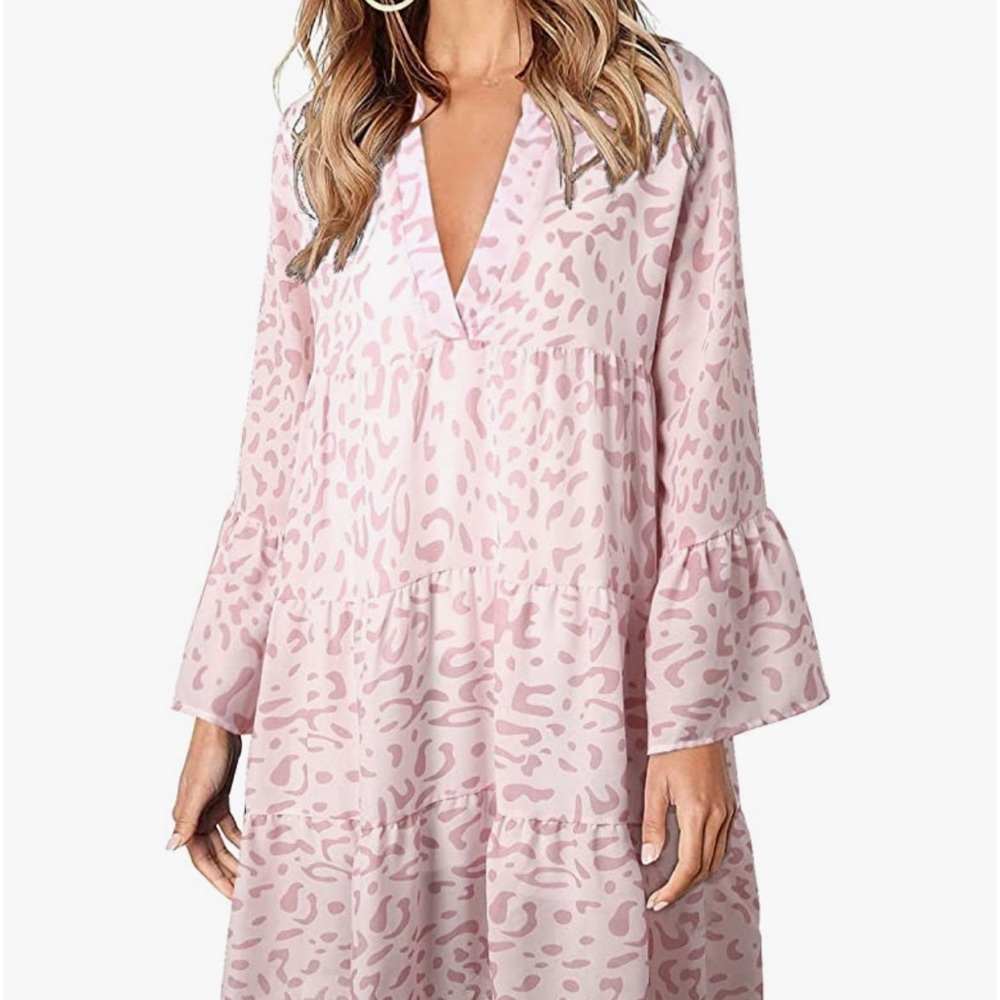 XL - V Neck pink leopard print 2 tier swing dress NWOT
